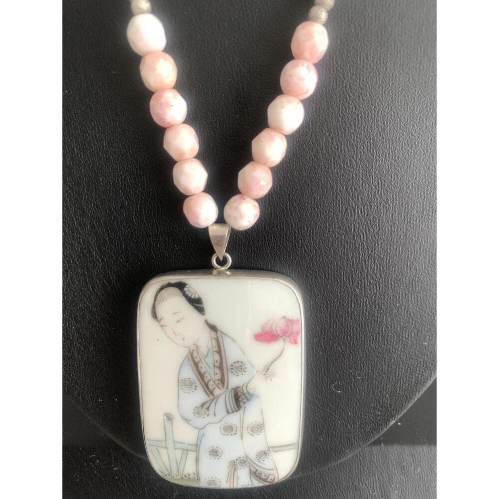 Vintage Chinese Porcelain Shard Necklace, Sterling & Pink Czech Glass - Picture 4 of 9